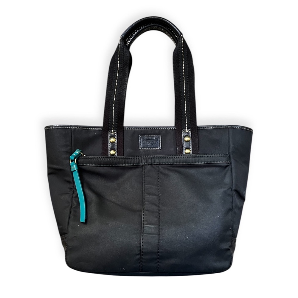 COACH Black Turquoise Nylon Tote Handbag L0668-F10695